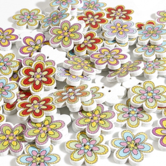 Picture of Wood Flora Collection Buttons Scrapbooking 2 Holes Flower At Random Color Mixed 20mm x 18mm, 50 PCs