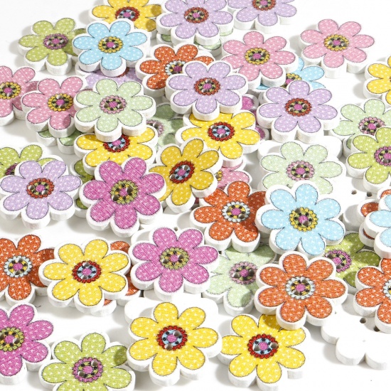 Picture of Wood Flora Collection Buttons Scrapbooking 2 Holes Flower At Random Color Mixed 20mm x 20mm, 50 PCs