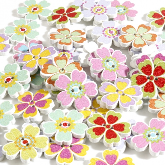 Image de Boutons en Bois Collection Végétale 2 Trous Fleur Sakura Couleur au Hasard 19mm x 18mm, 50 Pcs
