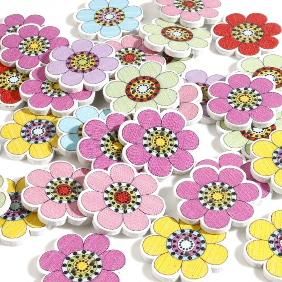 Picture of Wood Flora Collection Buttons Scrapbooking 2 Holes Flower At Random Color Mixed 25mm x 24mm, 50 PCs