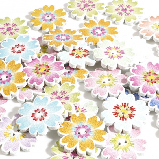 Picture of Wood Flora Collection Buttons Scrapbooking 2 Holes Sakura Flower At Random Color Mixed 25mm x 24mm, 50 PCs