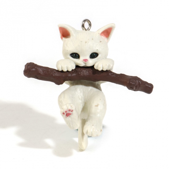 Picture of Resin Cute Pendants Cat Animal Creamy-White 3D 4.1cm x 4cm, 1 Piece