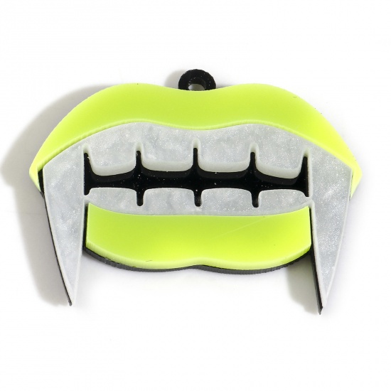 Picture of Acrylic Halloween Pendants Lip Yellow-green Grinning Face 3.8cm x 2.9cm, 5 PCs