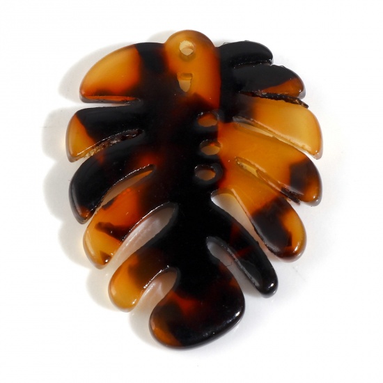 Picture of Acetic Acid Resin Acetate Acrylic Acetimar Marble Flora Collection Charms Dark Brown Monstera Leaf 29x23mm - 26x20mm, 5 PCs