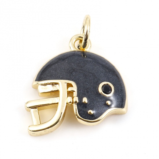 Picture of Brass Sport Charms 14K Gold Color Black Football Helmet Enamel 18mm x 15mm, 1 Piece                                                                                                                                                                           