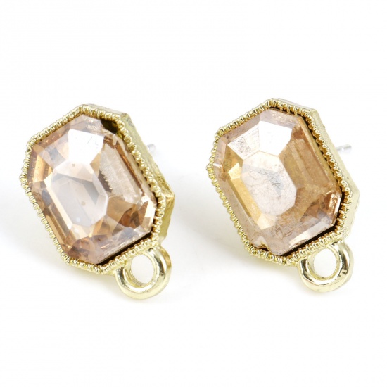 Picture of Zinc Based Alloy & Glass Geometry Series Ear Post Stud Earrings Findings Octagon Gold Plated Champagne With Loop 15mm x 10mm, Post/ Wire Size: (21 gauge), 6 PCs