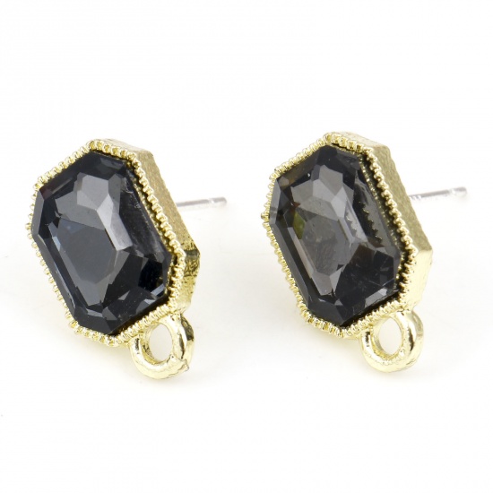 Picture of Zinc Based Alloy & Glass Geometry Series Ear Post Stud Earrings Findings Octagon Gold Plated Dark Gray With Loop 15mm x 10mm, Post/ Wire Size: (21 gauge), 6 PCs