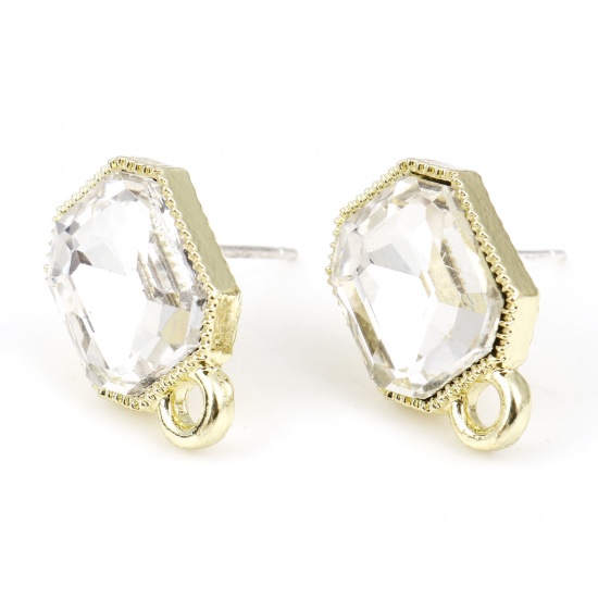 Picture of Zinc Based Alloy & Glass Geometry Series Ear Post Stud Earrings Findings Octagon Gold Plated Transparent Clear With Loop 15mm x 10mm, Post/ Wire Size: (21 gauge), 6 PCs