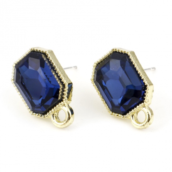 Picture of Zinc Based Alloy & Glass Geometry Series Ear Post Stud Earrings Findings Octagon Gold Plated Dark Blue With Loop 15mm x 10mm, Post/ Wire Size: (21 gauge), 6 PCs