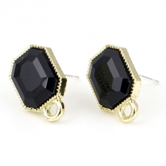 Picture of Zinc Based Alloy & Glass Geometry Series Ear Post Stud Earrings Findings Octagon Gold Plated Black With Loop 15mm x 10mm, Post/ Wire Size: (21 gauge), 6 PCs