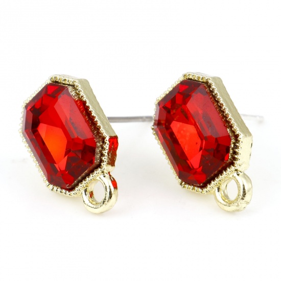 Picture of Zinc Based Alloy & Glass Geometry Series Ear Post Stud Earrings Findings Octagon Gold Plated Red With Loop 15mm x 10mm, Post/ Wire Size: (21 gauge), 6 PCs