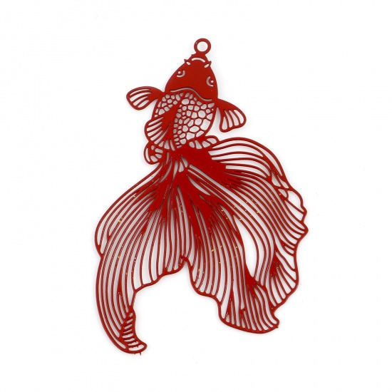 Immagine di Lega di Ferro Filigree Stamping Ciondoli Pesce Rosso Rosso Pittura 4.8cm x 3.1cm , 10 Pz