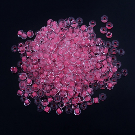 Picture of Glass Seed Beads Round Rocailles Hot Pink Color-centered Glow In The Dark Luminous 3mm x 2mm, Hole: Approx 0.8mm, 100 Grams