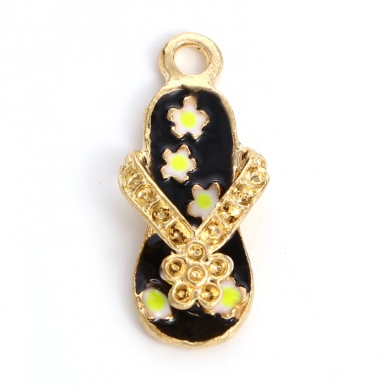 Picture of Zinc Based Alloy Clothes Charms Flip Flops Slipper Gold Plated Black Enamel (Can Hold ss4 Pointed Back Rhinestone) 24mm x 11mm, 10 PCs