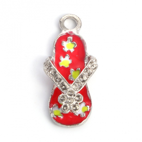 Picture of Zinc Based Alloy Clothes Charms Flip Flops Slipper Silver Tone Red Enamel (Can Hold ss4 Pointed Back Rhinestone) 24mm x 11mm, 10 PCs
