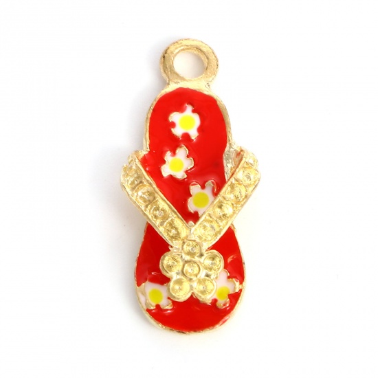 Picture of Zinc Based Alloy Clothes Charms Flip Flops Slipper Gold Plated Red Enamel (Can Hold ss4 Pointed Back Rhinestone) 24mm x 11mm, 10 PCs