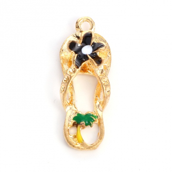 Picture of Zinc Based Alloy Clothes Charms Flip Flops Slipper Gold Plated Black Enamel (Can Hold ss4 Pointed Back Rhinestone) 27mm x 10mm, 10 PCs