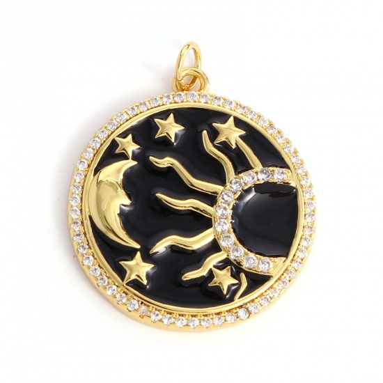 Picture of Brass Galaxy Pendants Gold Plated Black Sun Moon Enamel Clear Cubic Zirconia 3cm x 2.5cm, 1 Piece                                                                                                                                                             