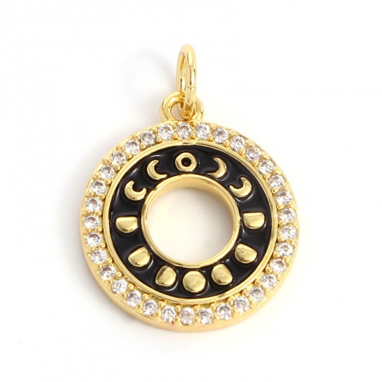 Picture of Brass Galaxy Charms Gold Plated Black Round Moon Phases Enamel Clear Cubic Zirconia 20mm x 14mm, 1 Piece                                                                                                                                                      