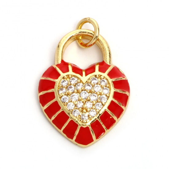 Picture of Brass Valentine's Day Charms Gold Plated Red Heart Lock Enamel Clear Cubic Zirconia 22mm x 15mm, 1 Piece                                                                                                                                                      