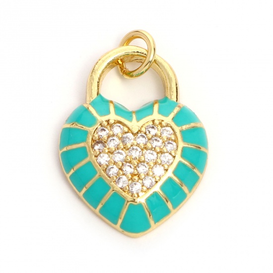 Picture of Brass Valentine's Day Charms Gold Plated Green Heart Lock Enamel Clear Cubic Zirconia 22mm x 15mm, 1 Piece                                                                                                                                                    