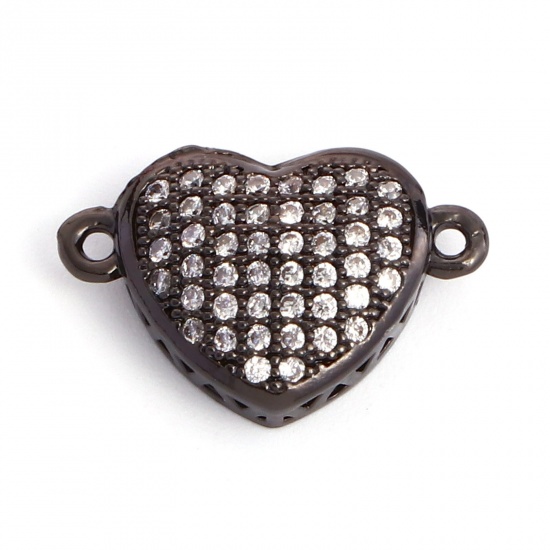 Image de Connecteurs La Saint Valentin en Laiton Gun Métal Cœur Micro Pave à Zircone Cubique Clair 16mm x 10mm, 2 Pcs