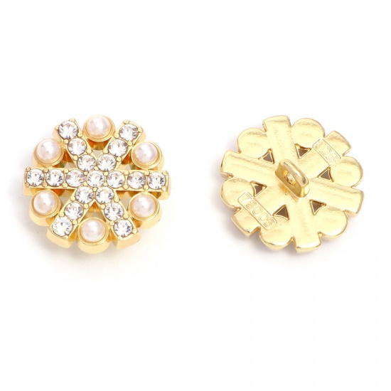 Picture of Zinc Based Alloy Metal Sewing Shank Buttons Single Hole Christmas Snowflake Gold Plated Imitation Pearl Clear Rhinestone 18mm x 18mm, 5 PCs