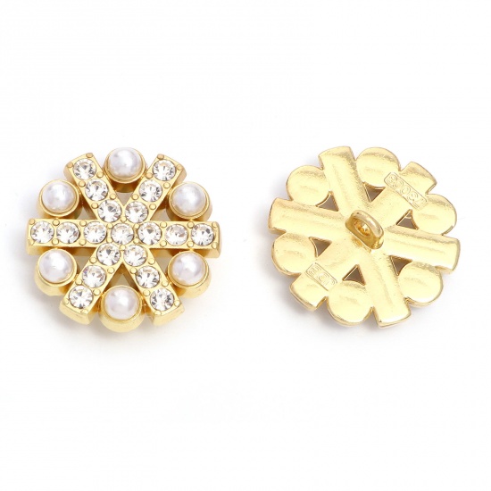 Picture of Zinc Based Alloy Metal Sewing Shank Buttons Single Hole Christmas Snowflake Gold Plated Imitation Pearl Clear Rhinestone 23mm x 23mm, 5 PCs