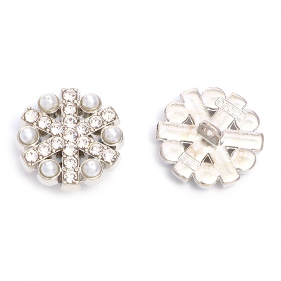 Picture of Zinc Based Alloy Metal Sewing Shank Buttons Single Hole Christmas Snowflake Silver Tone Imitation Pearl Clear Rhinestone 18mm x 18mm, 5 PCs
