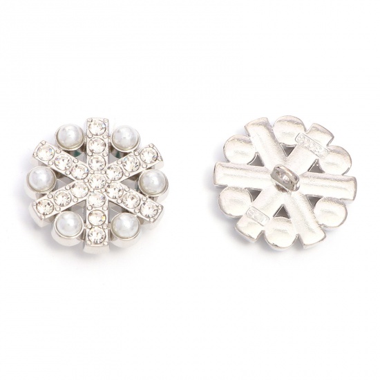Picture of Zinc Based Alloy Metal Sewing Shank Buttons Single Hole Christmas Snowflake Silver Tone Imitation Pearl Clear Rhinestone 20mm x 20mm, 5 PCs