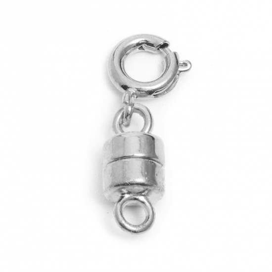 Picture of Zinc Based Alloy Magnetic Clasps Necklaces Clasp Cylinder Silver Tone W/ Loop 19mm x 5mm, 2 Sets