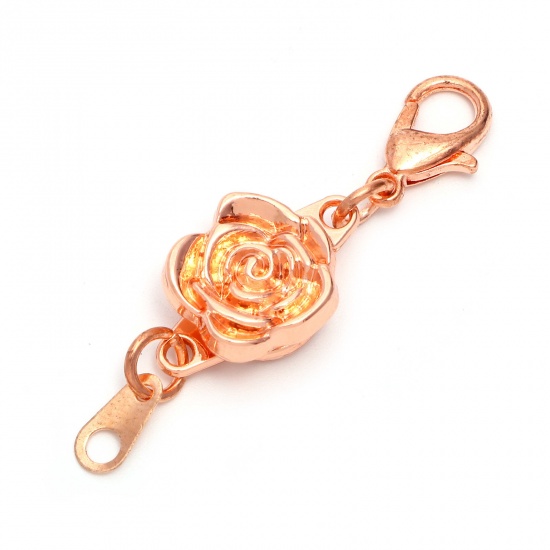 Picture of Zinc Based Alloy Flora Collection Magnetic Clasps Necklaces Clasp Rose Flower Rose Gold With Lobster Claw Clasp 4.1cm x 1.2cm, 2 Sets