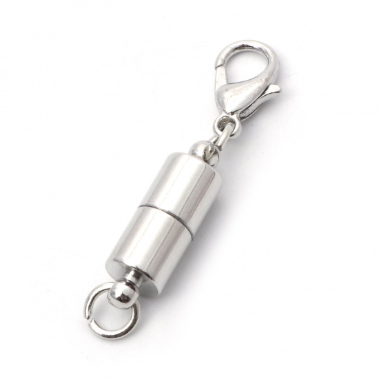 Picture of Zinc Based Alloy Magnetic Clasps Cylinder Silver Tone With Lobster Claw Clasp 3.5cm x 0.6cm, 5 Sets
