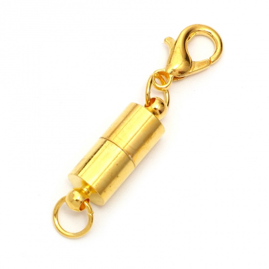 Picture of Zinc Based Alloy Magnetic Clasps Necklaces Clasp Cylinder Gold Plated With Lobster Claw Clasp 3.5cm x 0.6cm, 5 Sets