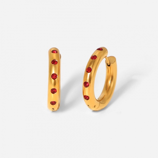 Picture of Stainless Steel Ins Style Hoop Earrings 18K Real Gold Plated Round Red Rhinestone 2cm Dia., 1 Pair