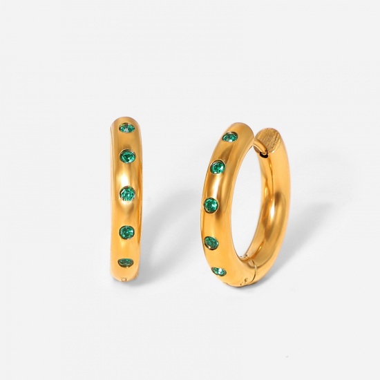 Picture of Stainless Steel Ins Style Hoop Earrings 18K Real Gold Plated Round Green Rhinestone 2cm Dia., 1 Pair