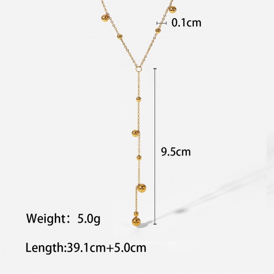 Picture of 1 Piece Vacuum Plating Simple & Casual Exquisite 18K Gold Plated 304 Stainless Steel Ball Chain Tassel Round Necklace For Women 39cm(15 3/8") long