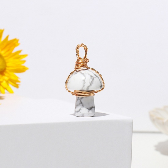 Picture of Howlite ( Synthetic ) Copper Wire Wrapped Charms Gold Plated White Mushroom 2cm, 1 Piece