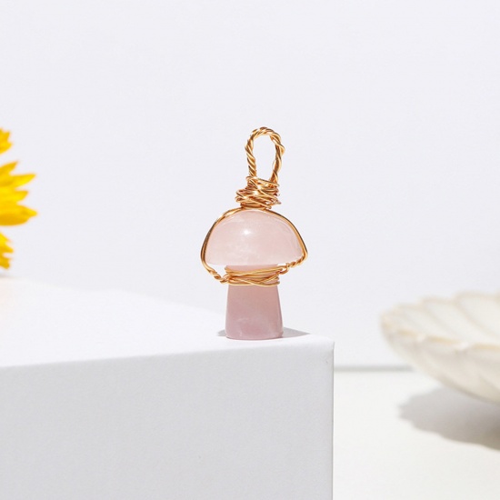 Picture of Rose Quartz ( Natural ) Copper Wire Wrapped Charms Gold Plated Light Pink Mushroom 2cm, 1 Piece