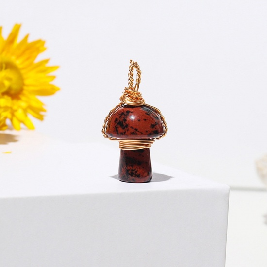Picture of Stone ( Natural ) Copper Wire Wrapped Charms Gold Plated Dark Red Mushroom 2cm, 1 Piece