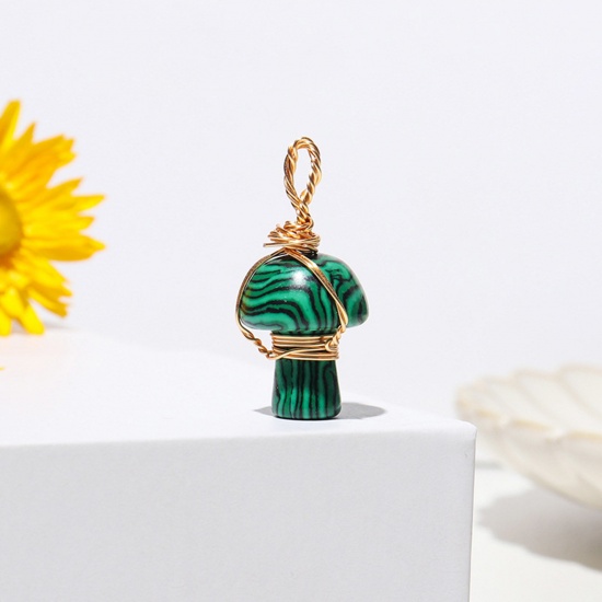 Picture of Malachite ( Synthetic ) Copper Wire Wrapped Charms Gold Plated Peacock Green Mushroom 2cm, 1 Piece