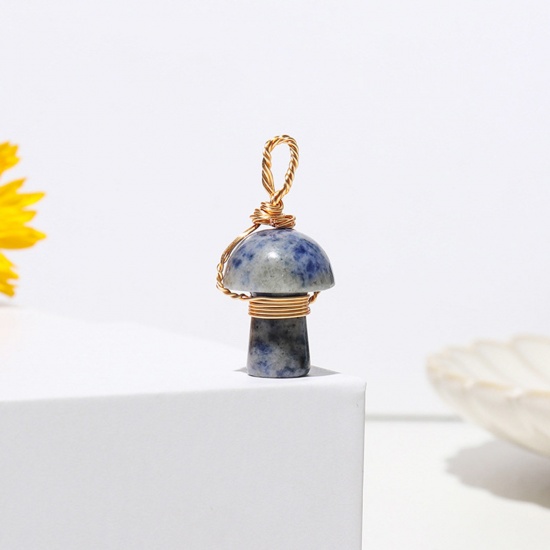 Picture of Stone ( Natural ) Copper Wire Wrapped Charms Gold Plated Blue Mushroom 2cm, 1 Piece
