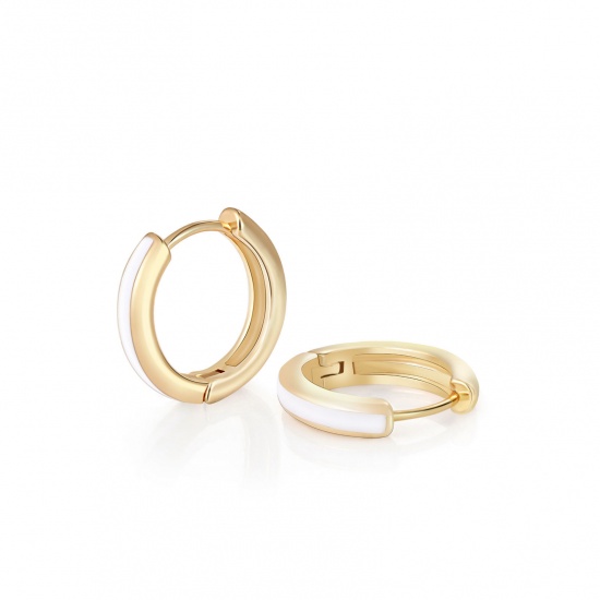 Immagine di 2 Pz Ecologico Elegante Squisito 18K Vero Oro Placcato Bianco Ottone Smalto Orecchini Circolari Per Donne Regalo 12mm x 11mm, Posta / Filo Dimensione: 0.8mm(20 misura)