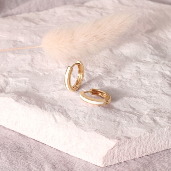 Immagine di 2 Pz Ecologico Elegante Squisito 18K Vero Oro Placcato Bianco Ottone Smalto Orecchini Circolari Per Donne Regalo 12mm x 11mm, Posta / Filo Dimensione: 0.8mm(20 misura)