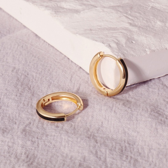 Immagine di 2 Pz Ecologico Elegante Squisito 18K Vero Oro Placcato Nero Ottone Smalto Orecchini Circolari Per Donne Regalo 12mm x 11mm, Posta / Filo Dimensione: 0.8mm(20 misura)