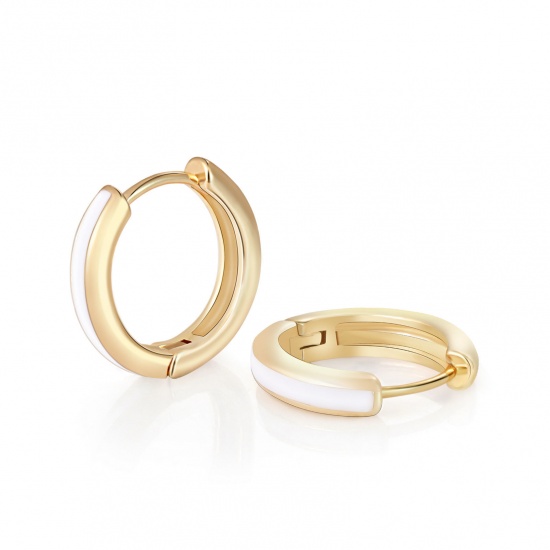 Immagine di 2 Pz Ecologico Elegante Squisito 18K Vero Oro Placcato Bianco Ottone Smalto Orecchini Circolari Per Donne Regalo 14mm x 13mm, Posta / Filo Dimensione: 0.8mm(20 misura)