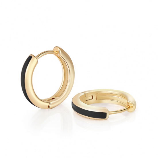Immagine di 2 Pz Ecologico Elegante Squisito 18K Vero Oro Placcato Nero Ottone Smalto Orecchini Circolari Per Donne Regalo 14mm x 13mm, Posta / Filo Dimensione: 0.8mm(20 misura)