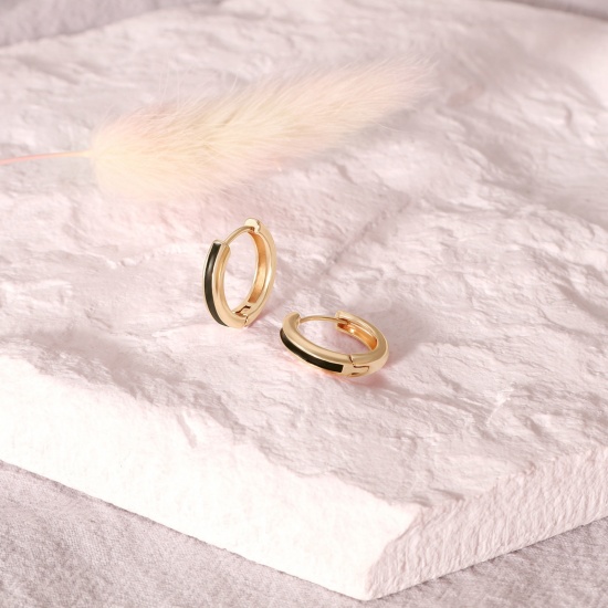 Immagine di 2 Pz Ecologico Elegante Squisito 18K Vero Oro Placcato Nero Ottone Smalto Orecchini Circolari Per Donne Regalo 14mm x 13mm, Posta / Filo Dimensione: 0.8mm(20 misura)