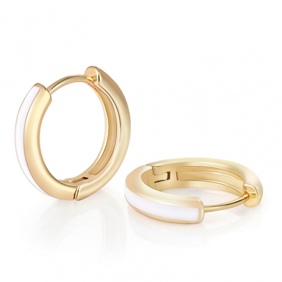 Immagine di 2 Pz Ecologico Elegante Squisito 18K Vero Oro Placcato Bianco Ottone Smalto Orecchini Circolari Per Donne Regalo 16mm x 15mm, Posta / Filo Dimensione: 0.8mm(20 misura)