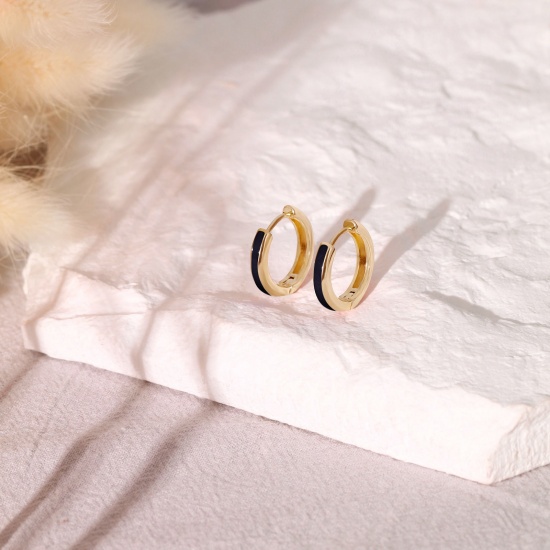 Immagine di 2 Pz Ecologico Elegante Squisito 18K Vero Oro Placcato Nero Ottone Smalto Orecchini Circolari Per Donne Regalo 16mm x 15mm, Posta / Filo Dimensione: 0.8mm(20 misura)